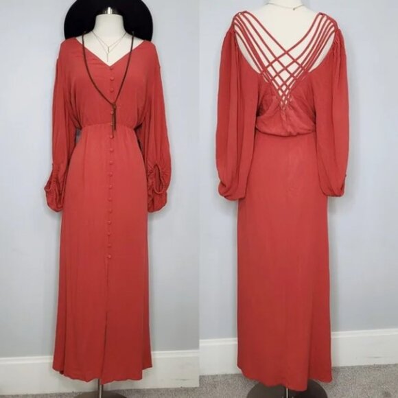 Eloquii Strappy Plunge Back Button Front Orange Long Sleeve Plus Maxi Dress 14 - Picture 2 of 13